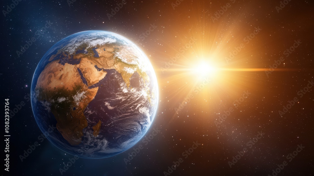 A stunning view of Earth illuminated by the sun, showcasing the planet's natural beauty against a backdrop of space. A stunning view of Earth illuminated by the sun, showcasing the planet's natural beauty against a backdrop of space.