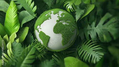 A green globe symbolizing Earth, surrounded by lush tropical leaves, representing nature and environmental sustainability.