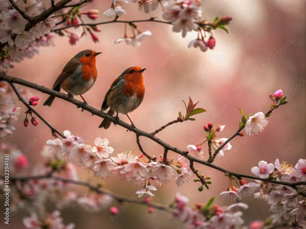 Serene Scene of Robins Among Blossoms in Long Exposure Photography Serene Scene of Robins Among Blossoms in Long Exposure Photography