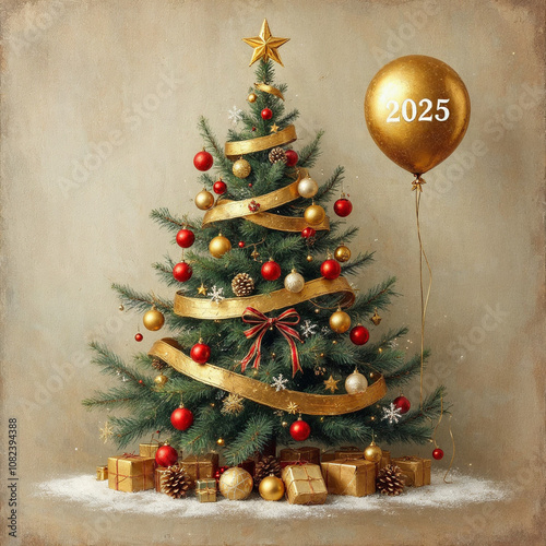 Vintage Painted Christmas Post Card with Christmas Tree and balloon, XMAS Greeting