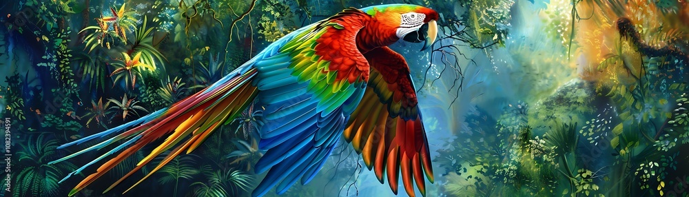 Fototapeta premium Vibrant Scarlet Macaw in Lush Tropical Rainforest