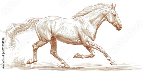Drawing of a running horse with a flowing mane, isolated on a white background