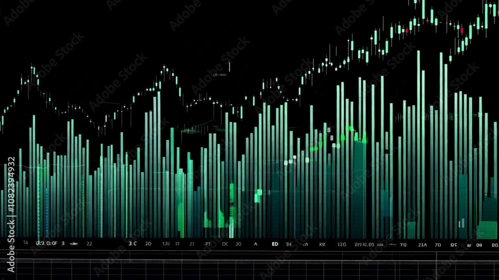 Dynamic Stock Market Analysis Exploring Financial Trends with Candlestick Patterns, Volume Data, and Market Trends through Green and Blue Bars for Investment Insights. Dynamic Stock Market Analysis Exploring Financial Trends with Candlestick Patterns, Volume Data, and Market Trends through Green and Blue Bars for Investment Insights.