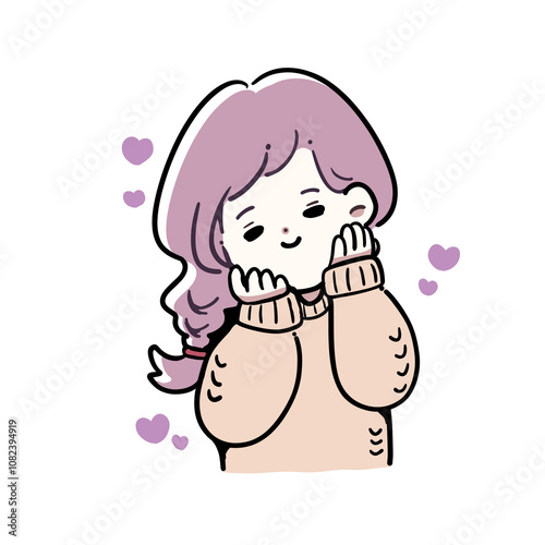 可愛く頬に手を当てている女性のイラスト