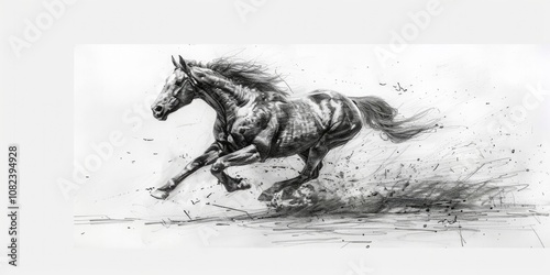 Drawing of a running horse with a flowing mane, isolated on a white background
