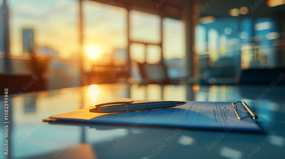 A pen and paper on a reflective surface, with a sunset view through large windows in an office setting. A pen and paper on a reflective surface, with a sunset view through large windows in an office setting.