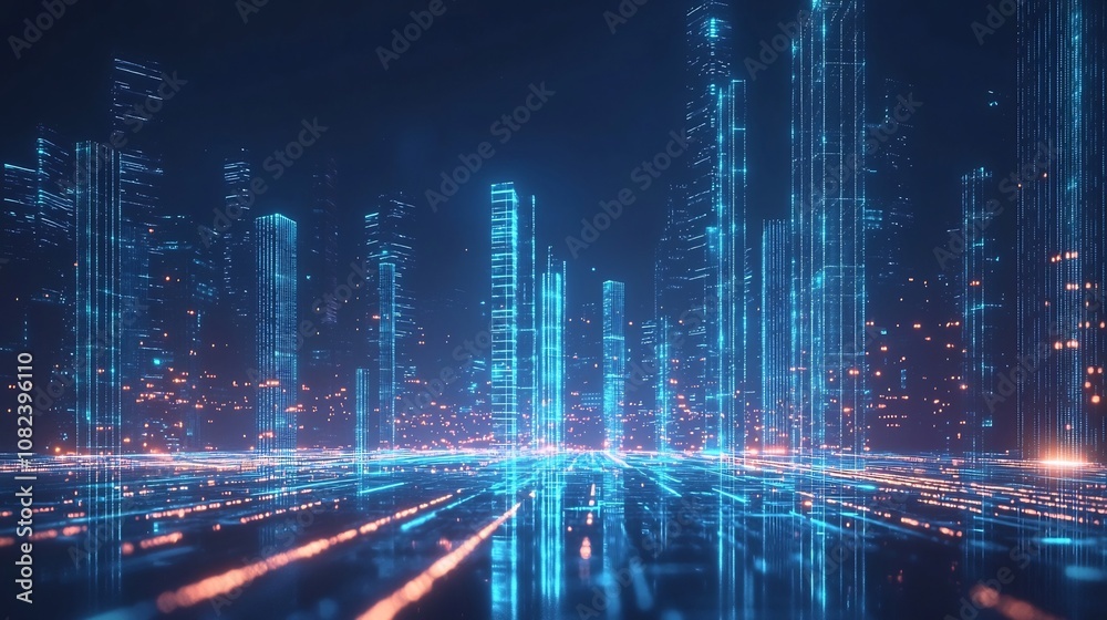 Fototapeta premium Futuristic Cityscape of Glowing Light Beams Forming New Skyscrapers Embodying Innovation and Progress