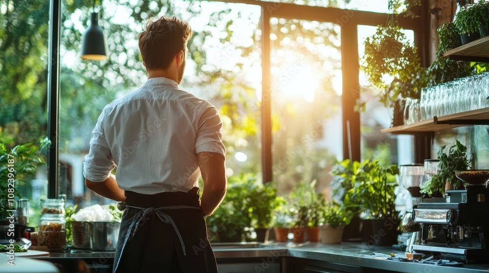 A man in a pristine kitchen environment, gazing out a greenhouse-style window at a sunset, surrounded by greenery, encapsulating reflection and serenity. A man in a pristine kitchen environment, gazing out a greenhouse-style window at a sunset, surrounded by greenery, encapsulating reflection and serenity.