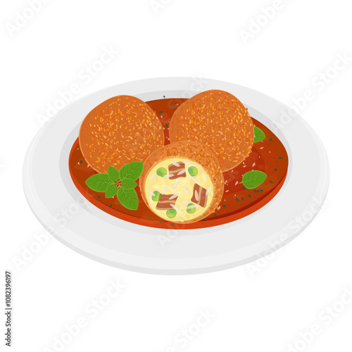 Vector Illustration Logo Clipart homemade arancini or italian fried rice balls with tomato sauce on a white plate
