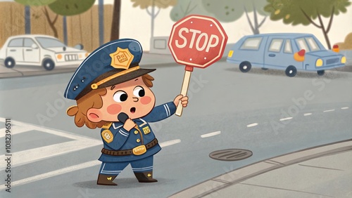 Cute cartoon child police officer holding a stop sign