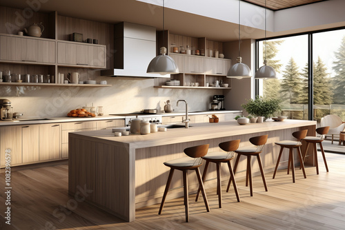 A modern kitchen with light wood cabinetry, a large island with bar stools, pendant lighting, and floor-to-ceiling windows offering a serene outdoor view.