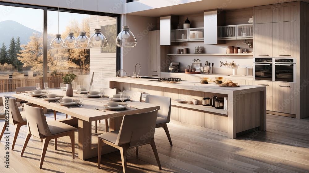 A modern kitchen and dining area with light wood cabinetry, a spacious dining table set for a meal, pendant lighting, and large windows with a scenic view. A modern kitchen and dining area with light wood cabinetry, a spacious dining table set for a meal, pendant lighting, and large windows with a scenic view.