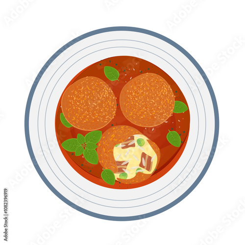 Vector Illustration Logo Clipart Top View arancini italian fried rice balls with tomato sauce 