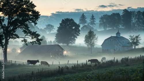 Heavy afternoon fog on rolling hillside with grazing cows