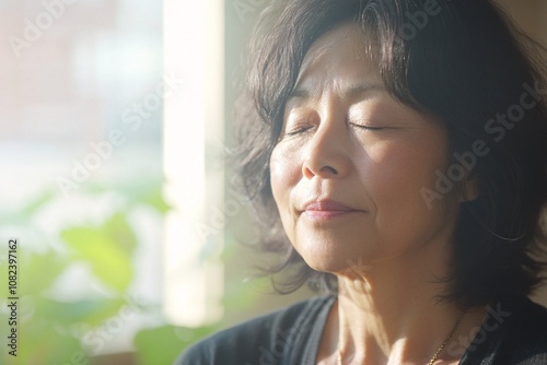 Middle-aged Asian woman meditating in a sunlit room, eyes closed, gentle smile, peaceful and focused, soft morning light streaming in, minimal decor, medium close-up 3