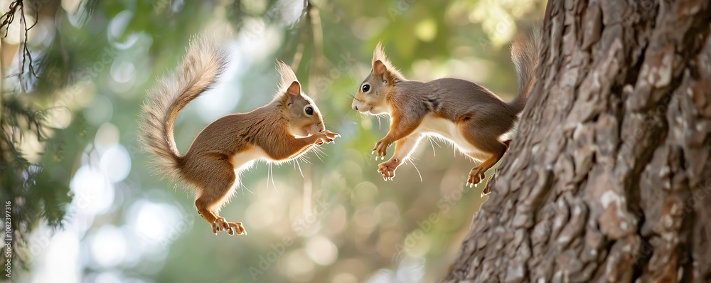 Obraz premium Two Red Squirrels Leaping Through the Trees