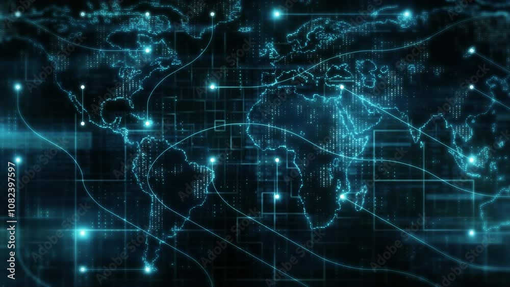 Global network connecting world map with data flow visualization Global network connecting world map with data flow visualization