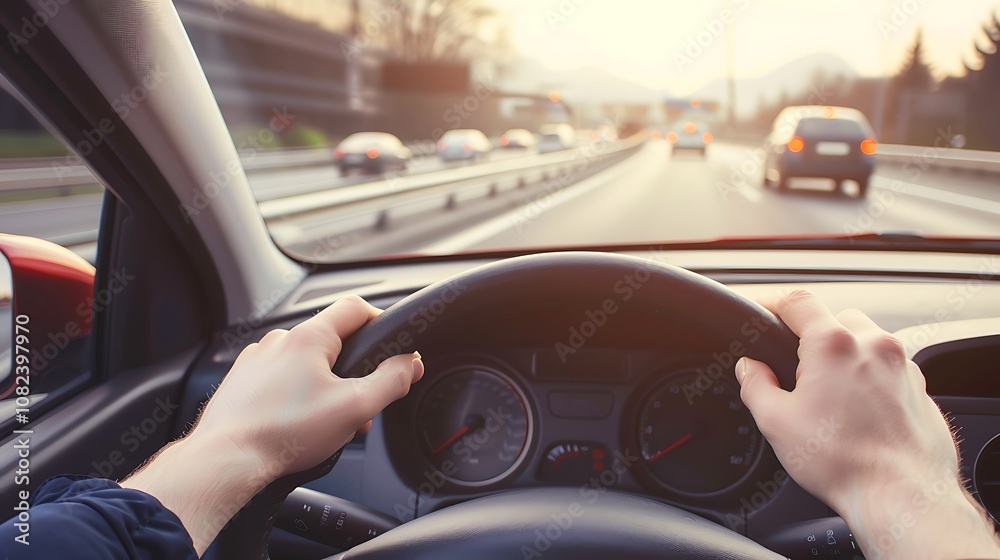 A close-up view of hands on a steering wheel while driving on a road with a sunset in the background. A close-up view of hands on a steering wheel while driving on a road with a sunset in the background.