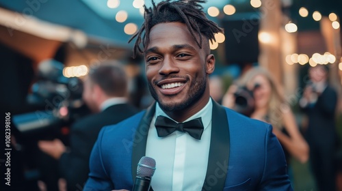 A well-dressed man in a suit holding a microphone exudes charisma and confidence during an event, with blurred people and sparkling lights in the background.