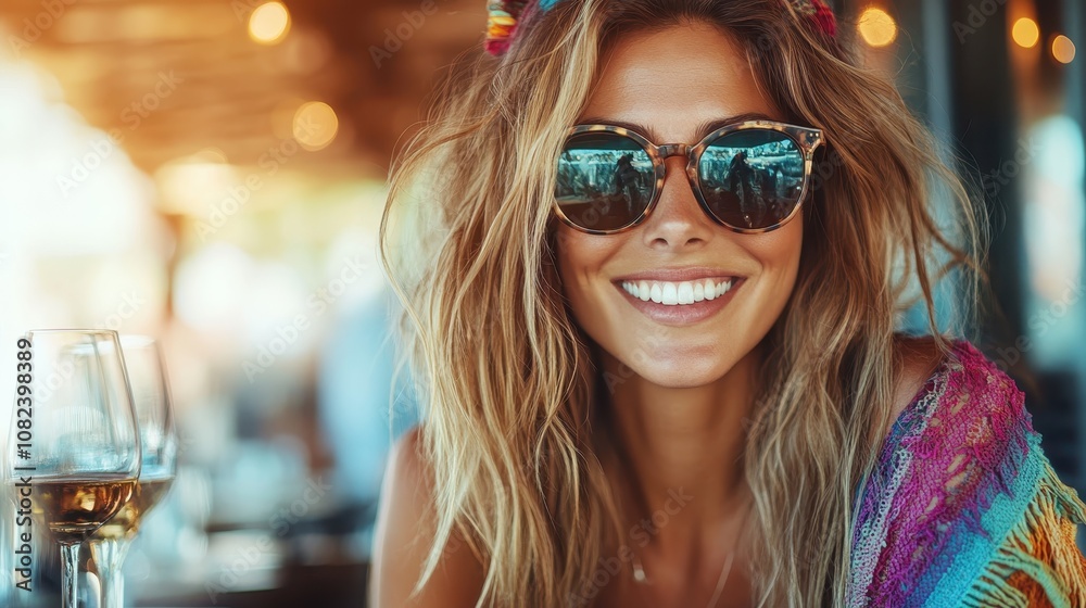 A stylish woman wearing sunglasses and a colorful outfit smiles as she enjoys a drink at an outdoor café, surrounded by vibrant light and a lively atmosphere.