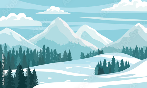 Vector illustration of flat winter landscape with forest, hills and mountains. Snowy weather background. Winter season banner.