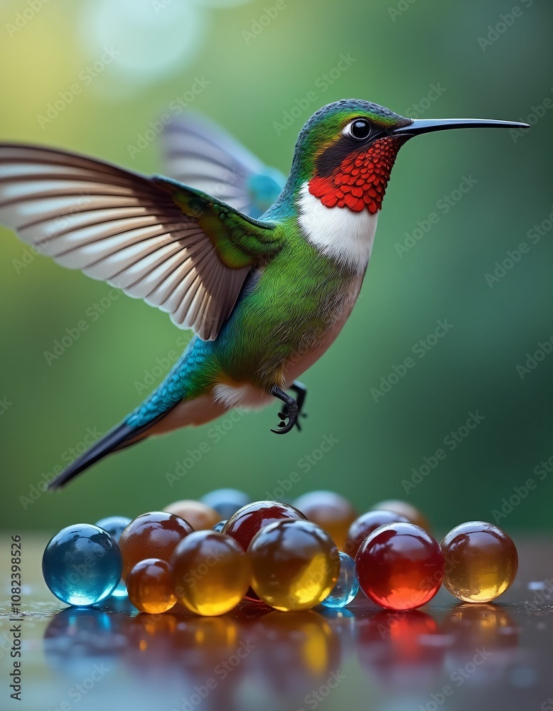 Fototapeta premium a few marbles and a colorful hummingbird, blue, yellow, green, green, red, realistic, detailed