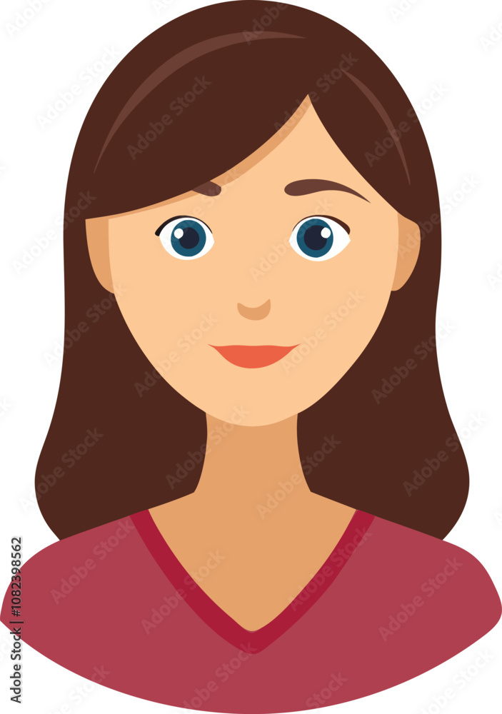 A woman profile avatar icon with brown hair and a red shirt with a white background. A woman profile avatar icon with brown hair and a red shirt with a white background.