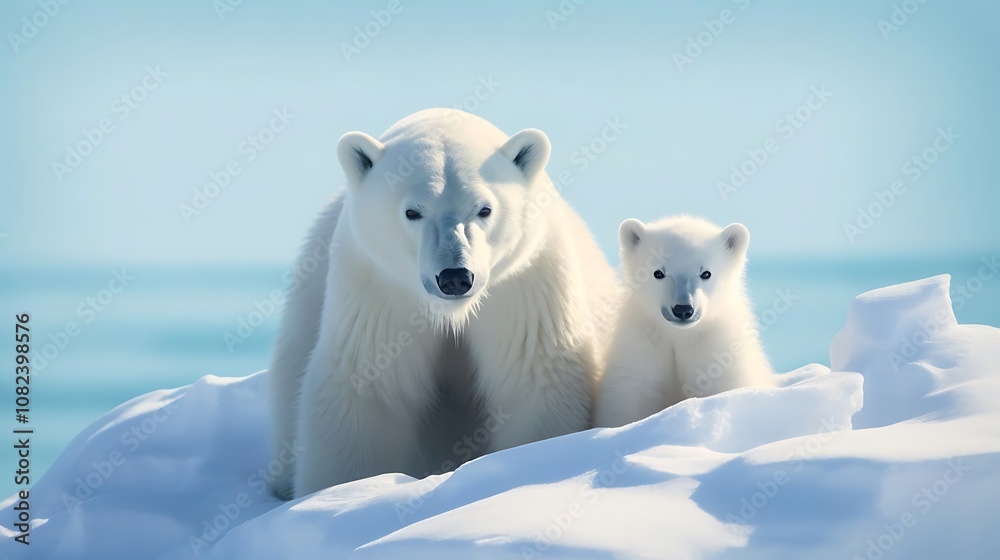 Polar Bear Mother and Cub on Snowy Iceberg Polar Bear Mother and Cub on Snowy Iceberg