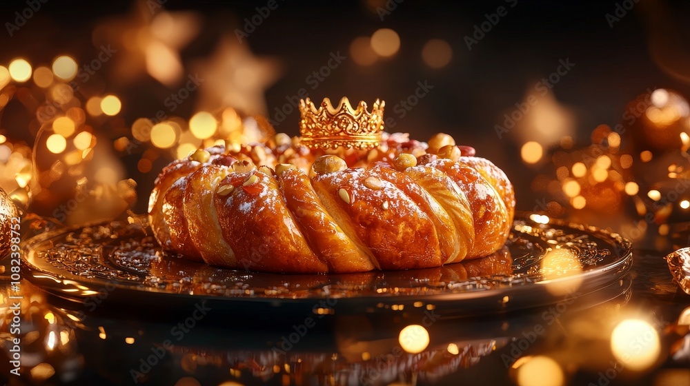 Piece of traditional Rosca de Reyes with rich candied fruits and almond details, ornate porcelain plate, crown symbolizing tradition and celebration Piece of traditional Rosca de Reyes with rich candied fruits and almond details, ornate porcelain plate, crown symbolizing tradition and celebration