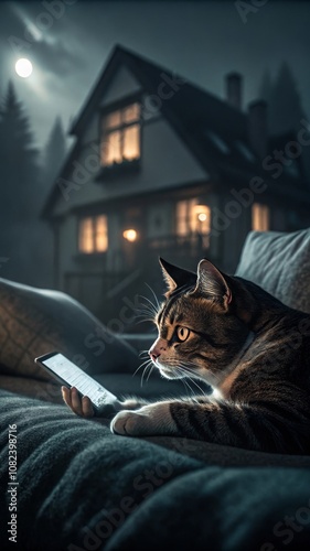 A cat lying on a living room sofa looking at a smartphone