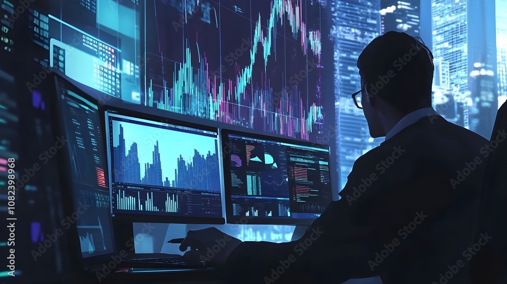 Business people analyzing data charts and graphs on computer screen illustration Business people analyzing data charts and graphs on computer screen illustration