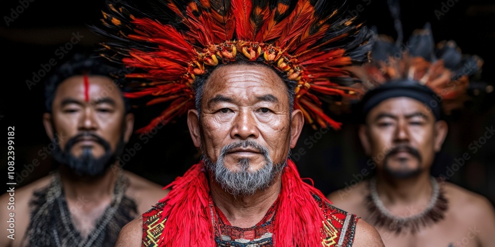 Fototapeta premium Three men adorned in traditional attire and elaborate headdresses, showcasing cultural heritage and identity in a vibrant setting.