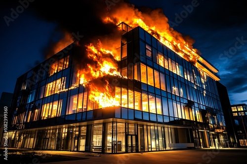 Flames consuming a modern corporate office, glass windows shattered, fiery glow in a nighttime urban environment, wide angle showcasing the chaos of the scene 5