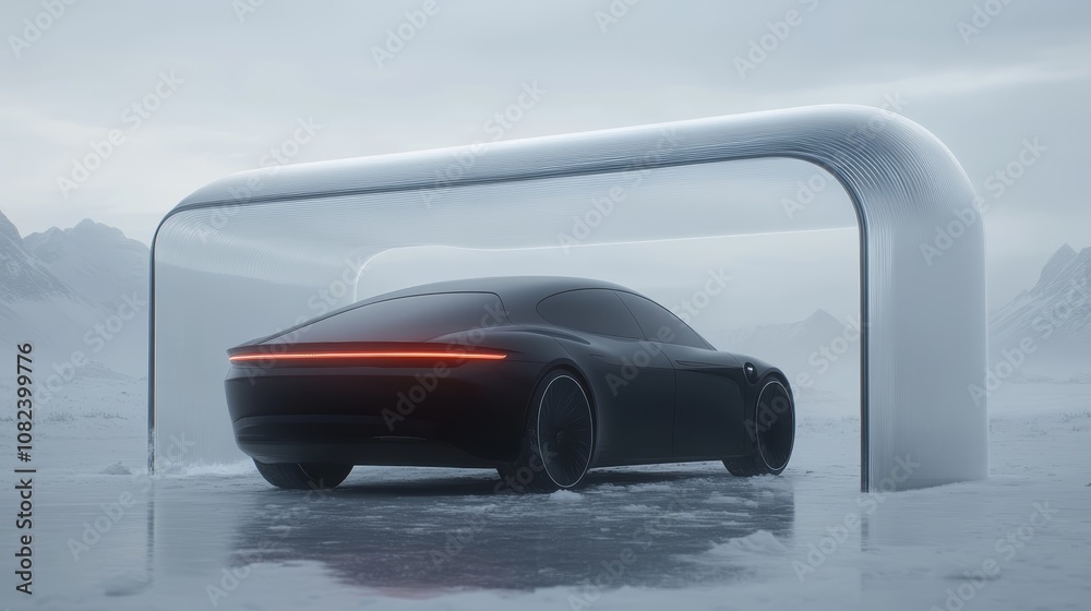 Concept car unveiled, sleek design emerges from the fog, embracing automotive innovation and future technologies Concept car unveiled, sleek design emerges from the fog, embracing automotive innovation and future technologies