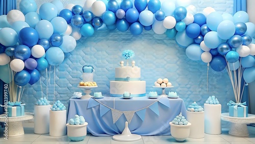 Elegant Blue Birthday Celebration Decorated Balloons Cake Table Arrangement photo