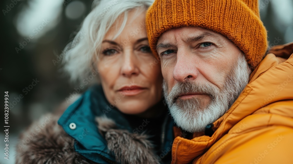 A mature couple stands closely outdoors in winter attire, depicting resilience and unity amid cold weather. Their expressions are serious yet supportive and strong. A mature couple stands closely outdoors in winter attire, depicting resilience and unity amid cold weather. Their expressions are serious yet supportive and strong.