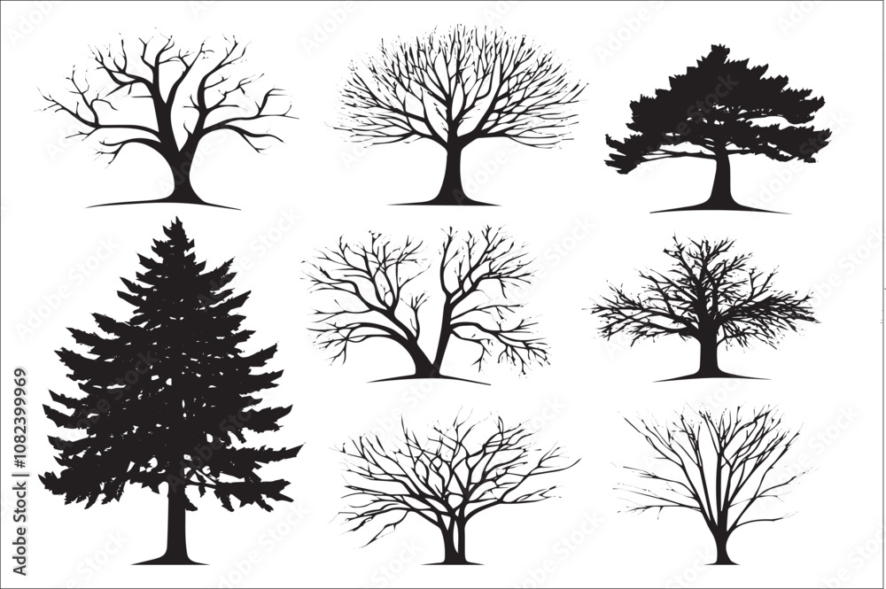 Fototapeta premium Set of black silhouette illustration of tree