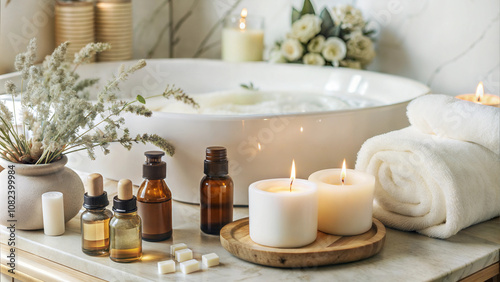 Cozy spa setup with candles, rolled towels, and essential oil bottles near white bathtub at home