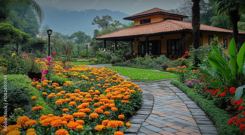 Fototapeta premium A winding stone path leads through a lush garden with a cottage in the background, surrounded by colorful flowers and greenery.