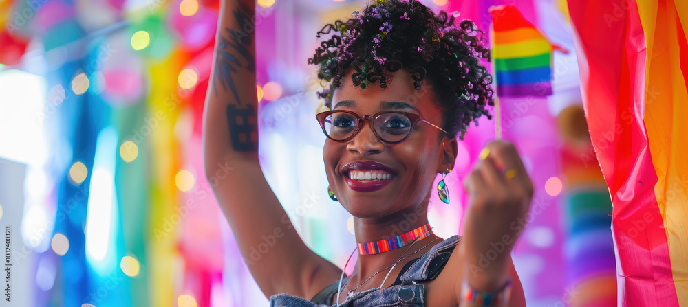 Obraz premium Non-Binary Individual Celebrating LGBTQ Pride with Rainbow Flag and Festive Background