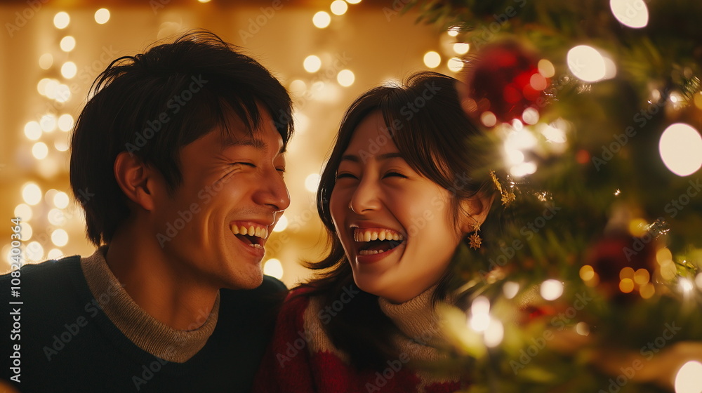 クリスマスツリーを飾った自宅で談笑するアジア系のカップルの画像 クリスマスツリーを飾った自宅で談笑するアジア系のカップルの画像