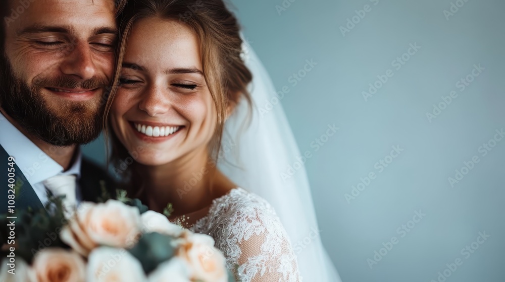 A joyful bride and groom embrace, both smiling warmly with eyes closed, the bride holding a bouquet as their love and happiness brighten their wedding day.