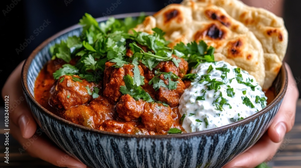 A bowl of flavorful spicy meatballs served with aromatic sauce, fresh herbs, and warm bread, capturing the essence of a hearty, comforting meal. A bowl of flavorful spicy meatballs served with aromatic sauce, fresh herbs, and warm bread, capturing the essence of a hearty, comforting meal.