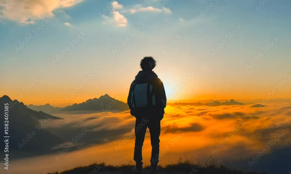 Silhouette of a Backpacker Overlooking a Mountain Sunset Silhouette of a Backpacker Overlooking a Mountain Sunset
