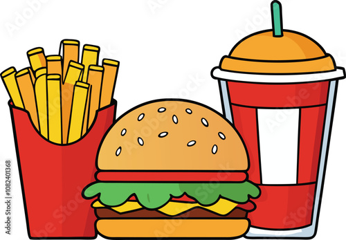 Illustration of a classic fast food combo including a burger, fries, and a drink in a simple cartoon