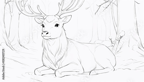 Outline sketch of a deer resting in the forest