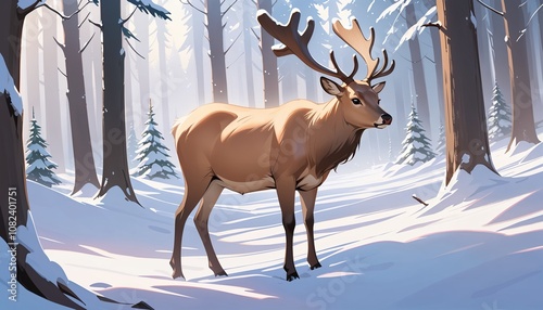 Illustrated deer resting in snowy winter forest