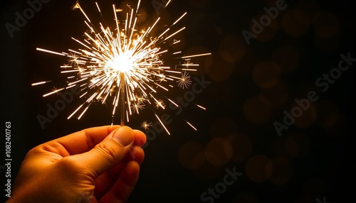 Hand holding a lit sparkler against dark background
