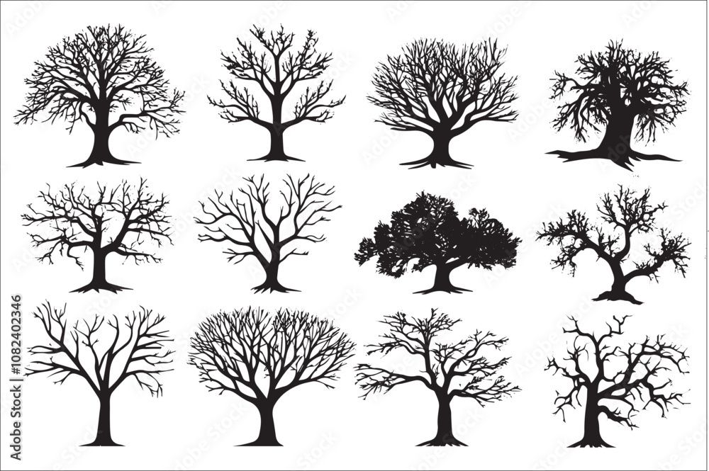 Obraz premium Set of black silhouette illustration of tree