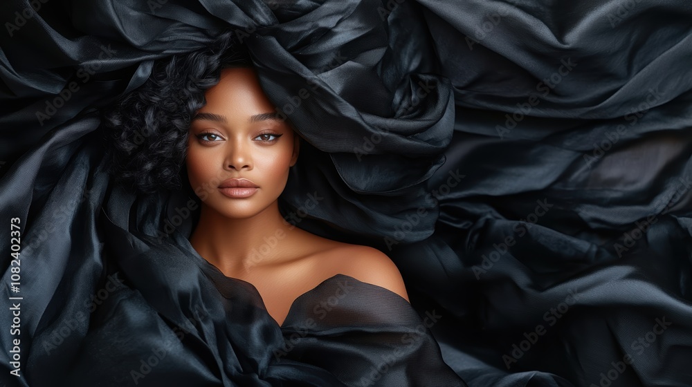 A woman surrounded by black fabric with an intense yet calm gaze, expressing an air of mystery and elegance, captured in a visually compelling style. A woman surrounded by black fabric with an intense yet calm gaze, expressing an air of mystery and elegance, captured in a visually compelling style.
